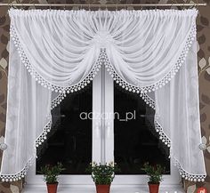 two potted plants sit in front of a window with white lace on the curtains