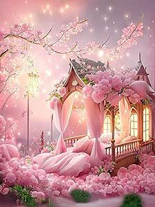 a painting of a bed with pink flowers in the foreground and a lit up window behind it