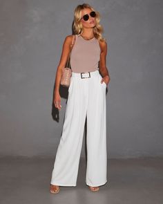 Mid rise Wide leg Pleated Side pockets Front zipper closure Lined Self: 70% Rayon 30% Linen, Lining: 95% Polyester 5% Spandex Runs Small Off White Wide Leg Pants Outfit Winter, White Pants Work Outfit Business Casual, Wide Leg Linen Pants Outfit, Linen Pants Outfit, Bodycon Dress Casual, Bodycon Casual, Aesthetic Fits, Event Outfit, Sleeveless Knit