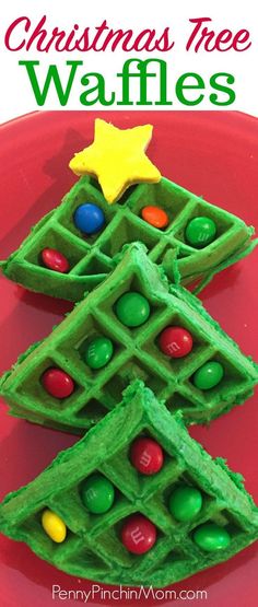 christmas tree waffles on a red plate with candy