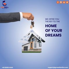 a hand holding a house key with the words we offer you the key to the home of your dreams