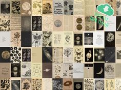 a collage of many different types of paper with images and words on them, all in black and white