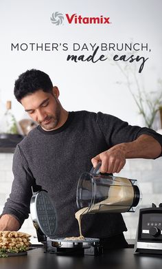 a man pouring coffee into a blender on top of a counter next to food