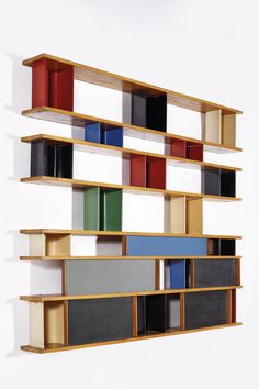 a multicolored shelf with several shelves on it