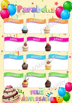 the spanish birthday calendar with balloons and cupcakes