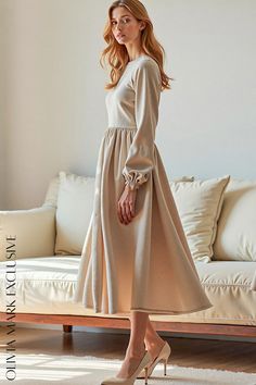 Olivia Mark - Elegant Pastel Midi Dress with Long Sleeves - A Touch of Subtle Sophistication Ethereal Fabric, Pastel Midi Dress, Quiet Beauty, Dress Elegant Long, Floor Length Skirt, Dress With Long Sleeves, Pastel Hues, Long Sleeve Midi, Olivia Mark