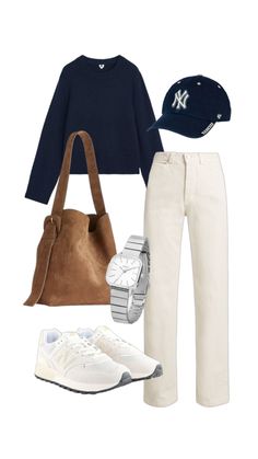 Outfit collage displaying a trendy fall outfit. Outfit of cream, denim trousers, navy blue knit sweater, creamy, New Balance sneakers, Arket wash leather bag, navy blue baseball cap and silver watch Italian Casual Outfit, White Button Sweater Outfit, Porsche Mom Outfits, Nautical Aesthetic Outfit, Nantucket Fall Outfit, San Francisco Outfit Fall, Fall Baseball Game Outfit, Brunch Winter Outfit, Comfy Summer Outfits Aesthetic