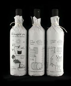 three bottles with drawings on them sitting side by side in front of a black background