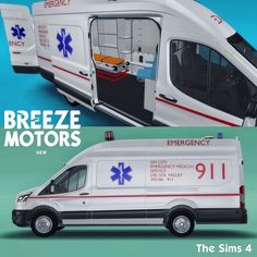 an ambulance is shown with the door open and emergency vehicles are depicted in two separate images