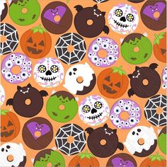 an orange background with donuts and halloween decorations on it, including jack - o'- lanterns