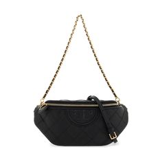 The Tory Burch Fleming Belt Bag is made of soft leather with trapezoid pleats and embellished with a double T logo. It features a zip closure and a lined interior, as well as an additional back slip pocket. The removable chain strap can be interchanged to wear the bag crossbody, around the waist, or on the shoulder. The metallic hardware has a gold finish for a luxurious touch. T Logo, China Style, Leather Belt Bag, Year 2024, See By Chloe, China Fashion, Leather Care, Beauty Accessories, Waist Bag