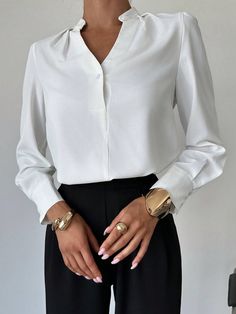 Spring Break Solid Notched Neckline Petal Sleeve Work Women White Shirt Blouse White Elegant  Long Sleeve Woven Fabric Plain Top Non-Stretch  Women Clothing, size features are:Bust: ,Length: ,Sleeve Length: Solid Color Blouse With Button Cuffs For Business Casual, Long Sleeve Plain Office Shirt, Plain Long Sleeve Office Shirt, Classic Plain Blouse For Work, Casual Plain Office Blouse, Classic Long Sleeve Solid Color Blouse, Plain Long Sleeve Office Blouse, Elegant Plain Shirt For Work, Classic Solid Color Blouse For Office