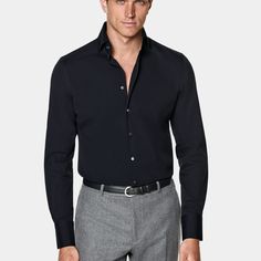 This navy shirt is tailored to a formal tailored fit stretch and features a high widespread collar, single cuff, french placket and mother of pearl buttons. Perfect White Shirt, Tuxedo Shoes, Tuxedo Accessories, Black Tie Formal, Flannel Suit, Custom Made Suits, Tuxedo Shirts, Classic Suit, Tuxedo Suit