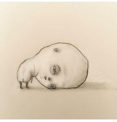 a drawing of a baby laying on the ground with its head down and eyes closed