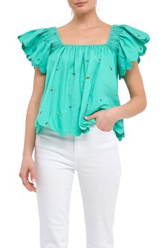 Fluttery short sleeves frame this all-cotton top featuring colorful floral embroidery and elegant scalloped edges. Square neck Short sleeves Lined 100% cotton Hand wash, dry flat Imported Spring Cotton Blouse With Ruffle Sleeves, Cotton Butterfly Sleeve Top For Summer, Summer Cotton Top With Butterfly Sleeves, Summer Cotton Tops With Butterfly Sleeves, Green Butterfly Sleeve Tops For Spring, Short Sleeve Top With Embroidered Hem For Spring, Spring Embroidered Ruffle Sleeve Blouse, Spring Cotton Blouse With Flutter Sleeves, Embroidered Ruffle Sleeve Summer Tops