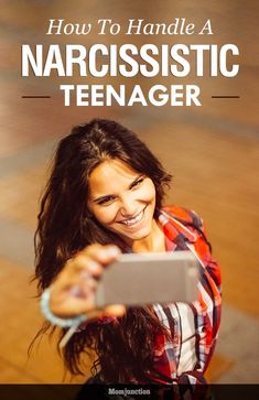 a young woman is smiling and holding her tablet with the text how to handle a narcissistic teenager