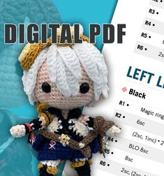 a crocheted doll is posed in front of a blue background with the words digitalpdf below it