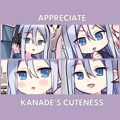 an anime character with blue eyes and blonde hair is shown in four different pictures, the caption says appreciate kanae's cuteness