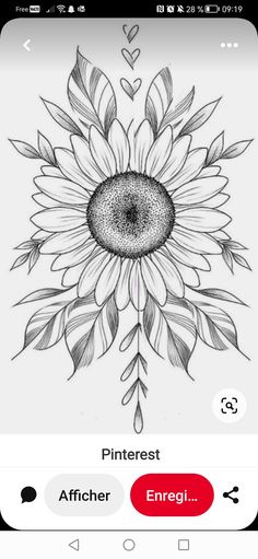 an image of a sunflower with leaves and hearts on the screen, in black and white