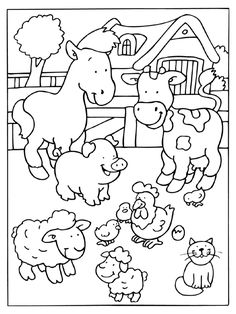 a coloring page with farm animals and their babies in the yard, as well as a barn