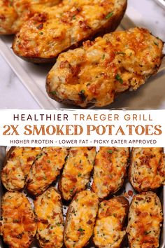 two images showing different types of baked potatoes with text overlay that reads healthier triggerer grill 2x smoked potato tops