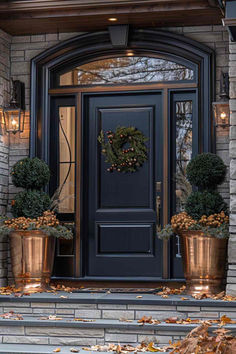 45 Elegant Fall Porch Decor Ideas for the Season Traditional Home Front Door, Elegant Outdoor Fall Decor, Front Door Decor Christmas Holidays, Elegant Fall Porch Decor, Front Entry Way Christmas Decor, Christmas Double Door Decorations, November Front Porch Decor, Tuscan Front Porch Ideas, Elegant Christmas Porch Decor