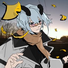 an anime character with white hair and blue eyes, wearing a black coat and scarf