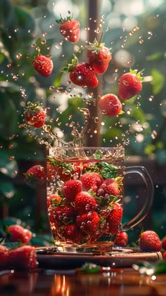 strawberries falling into a glass mug with water