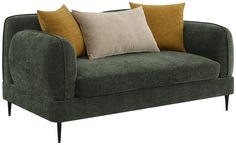 a green couch with two pillows on it's back and three different colored cushions