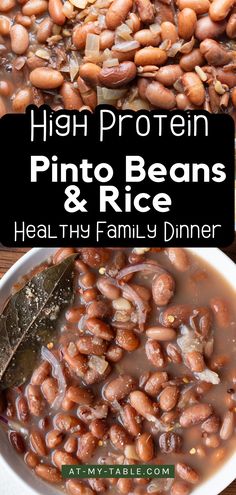 A bowl of high protein pinto beans and rice with a light broth, perfect for a healthy and hearty family dinner. Garnished with a bay leaf and red onions for added flavor and texture. Instapot Beans And Rice Recipes, Beans And Rice Recipes Healthy, High Protein Bean Recipes, Rice And Beans Recipe Easy, High Protein Beans, Rice And Beans Instant Pot, Healthy Brown Rice Recipes, Rice And Kidney Beans, Brazilian Rice