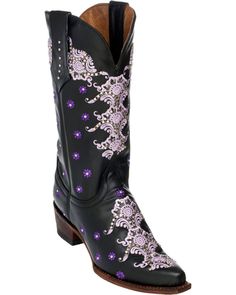 Ferrini Black Country Lace Cowgirl Boots - Snip Toe, Black Womens Cowgirl Boots, Studded Collar, Italian Shoes, Leather Cowboy Boots, Leather Pulls, Black Laces, Boots For Sale, Cowgirl Boots, Western Boots