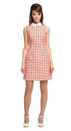 BACK AGAIN! A simple a-line Spring dress. This cut takes on a dramatic, entrance making impression through the use of a muted red/light cream geometric pattern, of stunning quality French mill fabric. An elegant petite collar compliments the lines of the dress perfectly permiting an immediate sixties appearance. Also available in a muted black/light cream fabric also pictured. Pairs perfectly with the geometric pattern coat to complete a fantastic high fashion look. The model pictured is 171 cm Elegant Geometric Pattern Dress For Work, Elegant Geometric Pattern Workwear Dresses, Red A-line Mod Dress, Mod A-line Lined Dresses, Red Sleeveless Mod Dress, Fitted A-line Dress With Geometric Pattern, Collared Dresses, Dramatic Entrance, 60's Mod