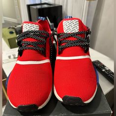 Worn Maybe One Time, Pretty Much Brand New And In Perfect Condition Adidas Shoes Nmd, Adidas Ozweego, Adidas Tennis Shoes, Adidas Sneakers Mens, Tennis Sneakers, Adidas Originals Superstar, Nmd R1, Brown Sneakers, Red Adidas