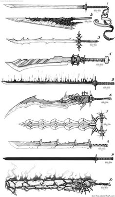 several different types of swords are shown in black and white