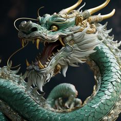 a statue of a green dragon with gold accents