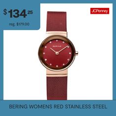 Number of Batteries: 1Features: Analog, Quick ShipBattery Type: Lithium IonPower Source: Battery (included)Watch Movement: QuartzBand Color: RedDial Color: RedMetal Color: RoseCase Thickness: 6mmCase Width: 26mmWatch Band Length: 7 InchBand Content: Stainless SteelCase Materials: 100% Stainless SteelBattery Size: Sr621swBand Width: 14mmCare: Wipe CleanCountry of Origin: Imported Modern Red Watches With Metal Dial, Modern Red Watch For Business, Modern Red Watch For Gift, Modern Red Watch As A Gift, Modern Red Watch As Gift, Modern Red Business Watch, Modern Watch Accessories With Analog Display, Watch Movement, Steel Bracelet