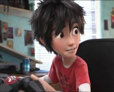 an animated character sitting at a desk with a remote control in his hand and looking to the side