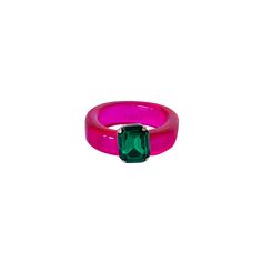 Hot pink resin ring with emerald gemstone Ring size 6.5 Pink Ruby Open Ring With Gemstone, Pink Oval Rings For Party, Pink Gemstone Party Ring, Pink Crystal Open Ring For Party, Pink Open Crystal Ring For Parties, Pink Open Ring For Party, Party Resin Ring Jewelry, Trendy Green Rings For Party, Pink Resin Ring Jewelry