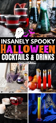 halloween cocktails and drinks are featured in this collage with text that reads, insannely spooky halloween cocktails & drinks