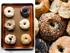 assorted bagels and doughnuts on a baking sheet next to each other