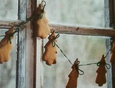 ginger cookies are hanging on a string in front of a window