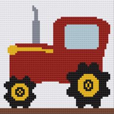 a cross stitch pattern of a red tractor with yellow wheels on the front and side