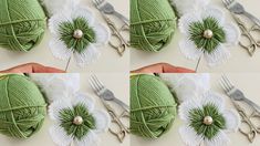 four pictures showing how to make an ornament with green yarn and silverware