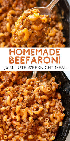 homemade beef and macaroni recipe in a cast iron skillet with text overlay