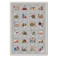 a cross stitch pattern with houses and snowflakes on the front, in grey