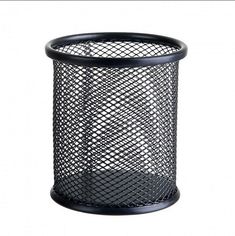 a black metal trash can on a white background