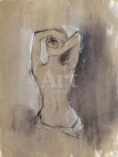 a drawing of a woman's torso in grey and brown tones, with her hands behind her head