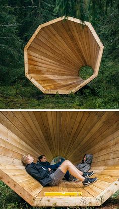 two pictures of a man laying in a wooden structure and another photo of the same person lying down