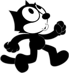 a black and white cartoon cat running with its paw in the air, looking like he is