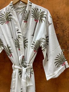 "ALL DRESSES MADE TO MEASURE -ONLY FOR YOU! ..Indian Block Print / tie- dyed kaftans robe- made to measure- all customizations happily accepted! Indian Handblock print Cotton Kimono Robe, Floral Dressing Gown,Cotton Robes, Floral Kimono Jacket, Lounge wear, Beach Kimono ,Beach Dress ,Beach Cover ups, Lounge wear...quite versatile!! Beautiful PALM TROPICAL 🌴 PRINT Hand Block Print Handmade ROBE- I have made this beautiful dress in Indian hand block print and ultrasoft premium cotton which is bre White Printed Kimono For Loungewear, Tropical Printed Cotton Dresses, Tropical Cotton Printed Dress, Summer Dresses With Kimono Sleeves In White, White Summer Dress With Kimono Sleeves, White Summer Dresses With Kimono Sleeves, Traditional Summer Home Dress, White Long Sleeve Tropical Dress, White Tropical Printed Dress